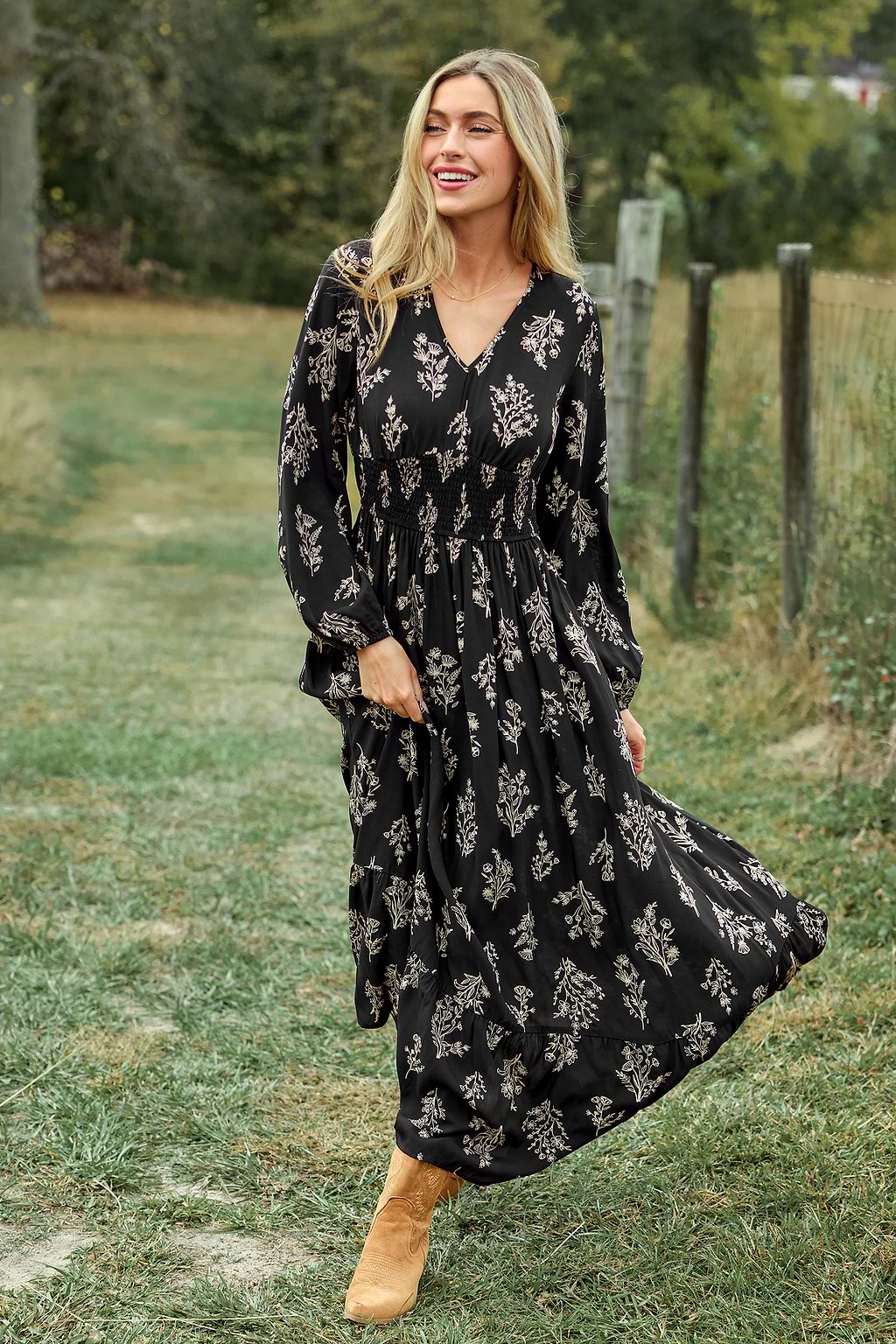 Black Floral V-Neck Puff Sleeve Maxi Dress