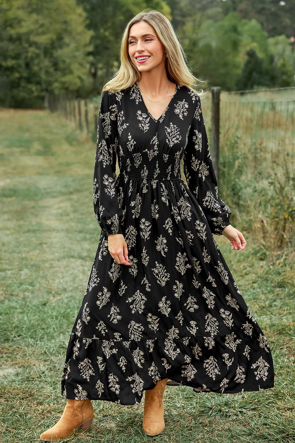 Black Floral V-Neck Puff Sleeve Maxi Dress