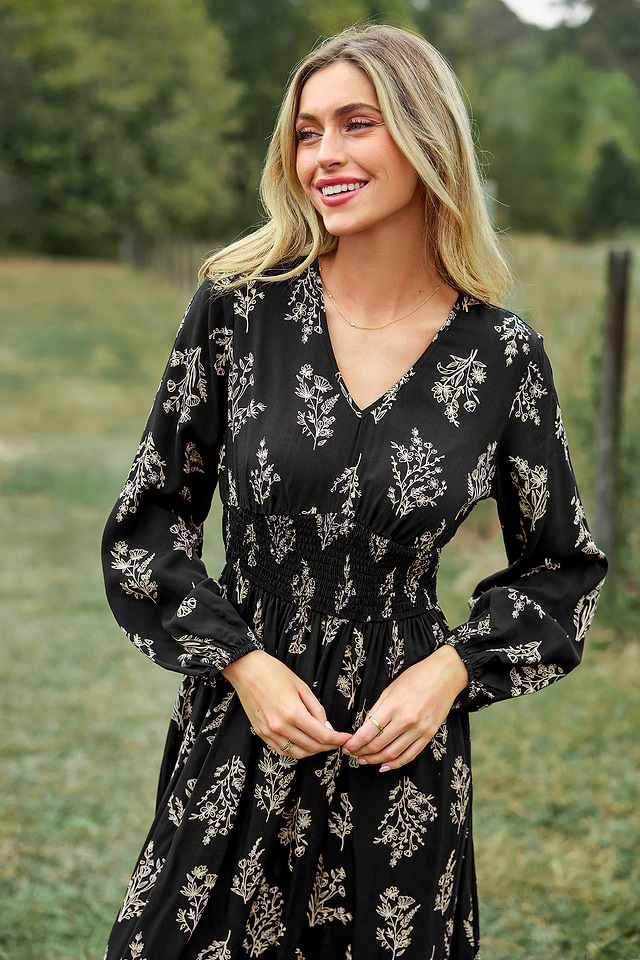 Black Floral V-Neck Puff Sleeve Maxi Dress | Bold & Romantic Style | Cupshe