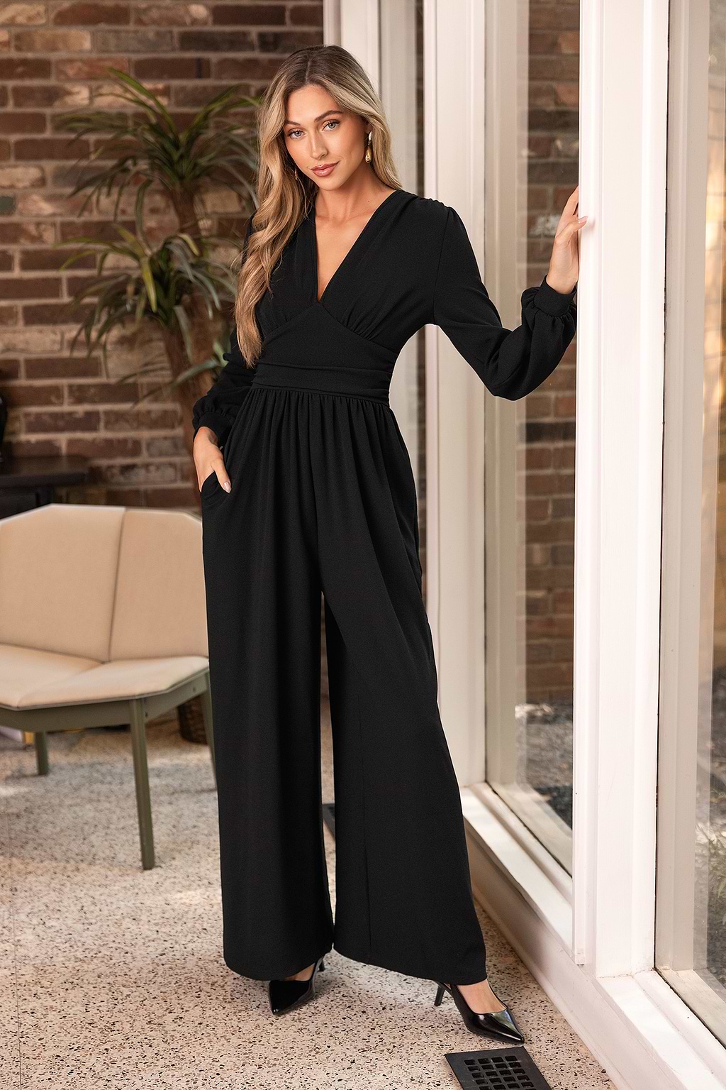 Black Plunging Long Sleeve Wide Leg Jumpsuit