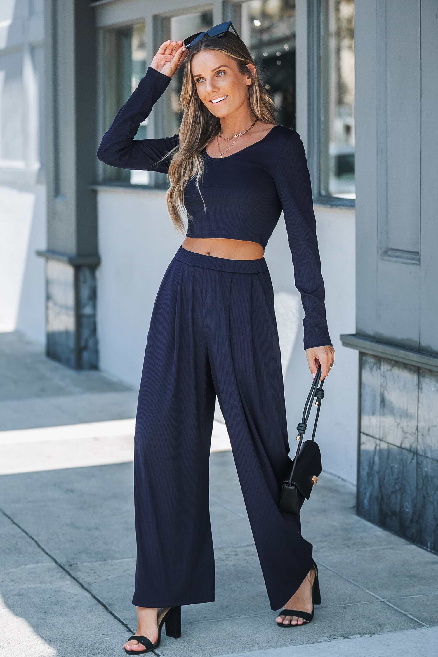 【関税込み】See by Chloe ネイビー ピンタック ラウンジパンツ Navy Long Sleeve Top & Wide Leg Pants Set