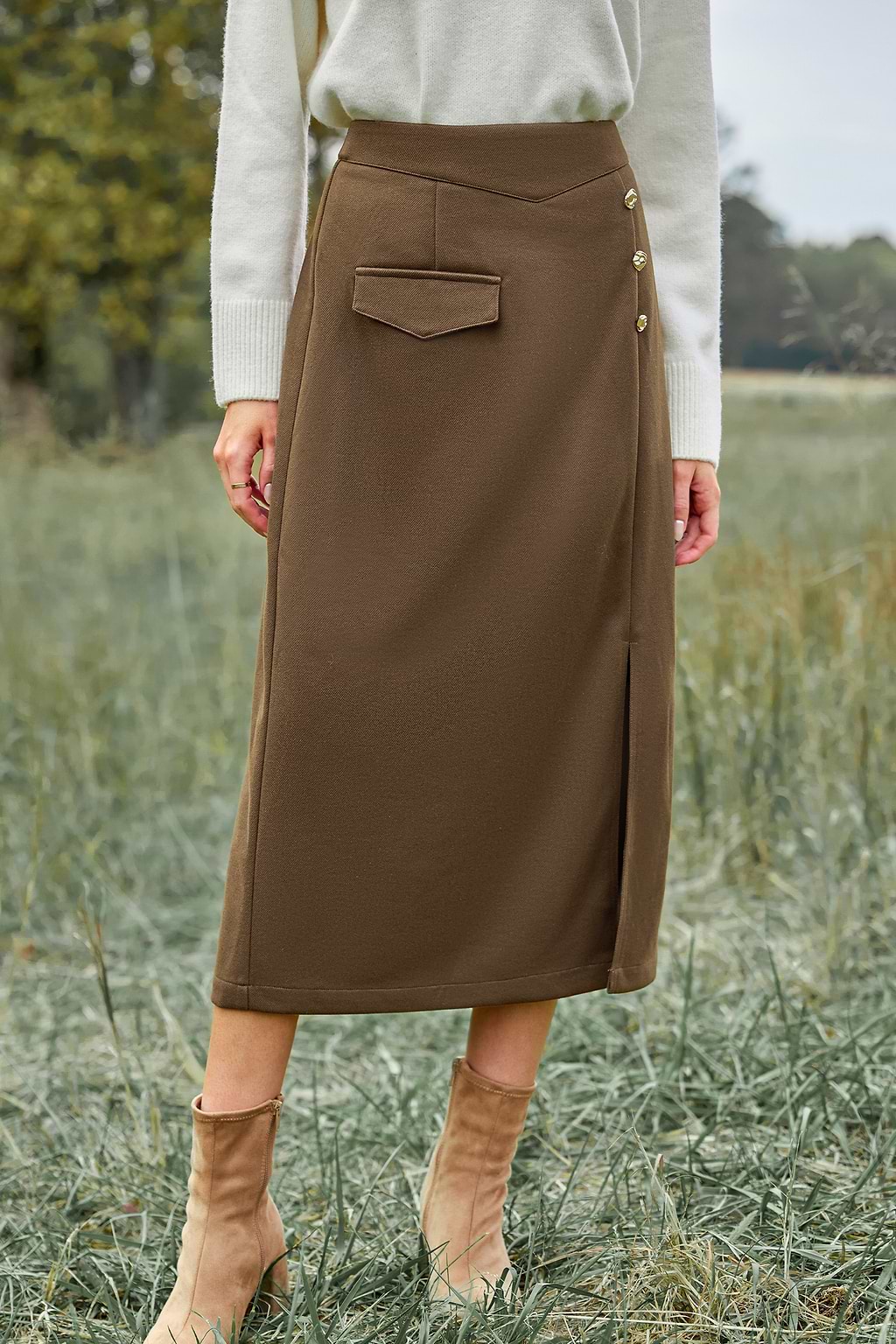 Brown Split Hem Midi Skirt