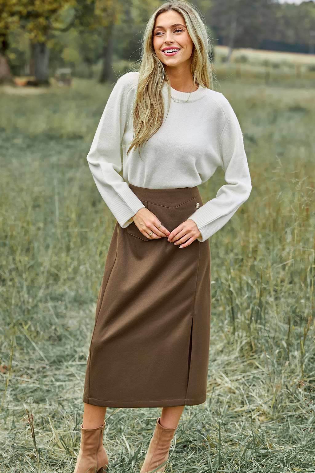 Brown Split Hem Midi Skirt
