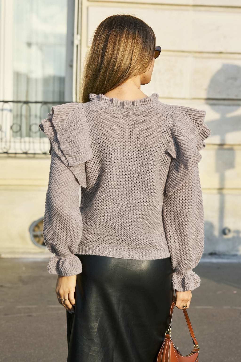 Sand Brown Ruffled Mockneck Puff Sleeve Jumper