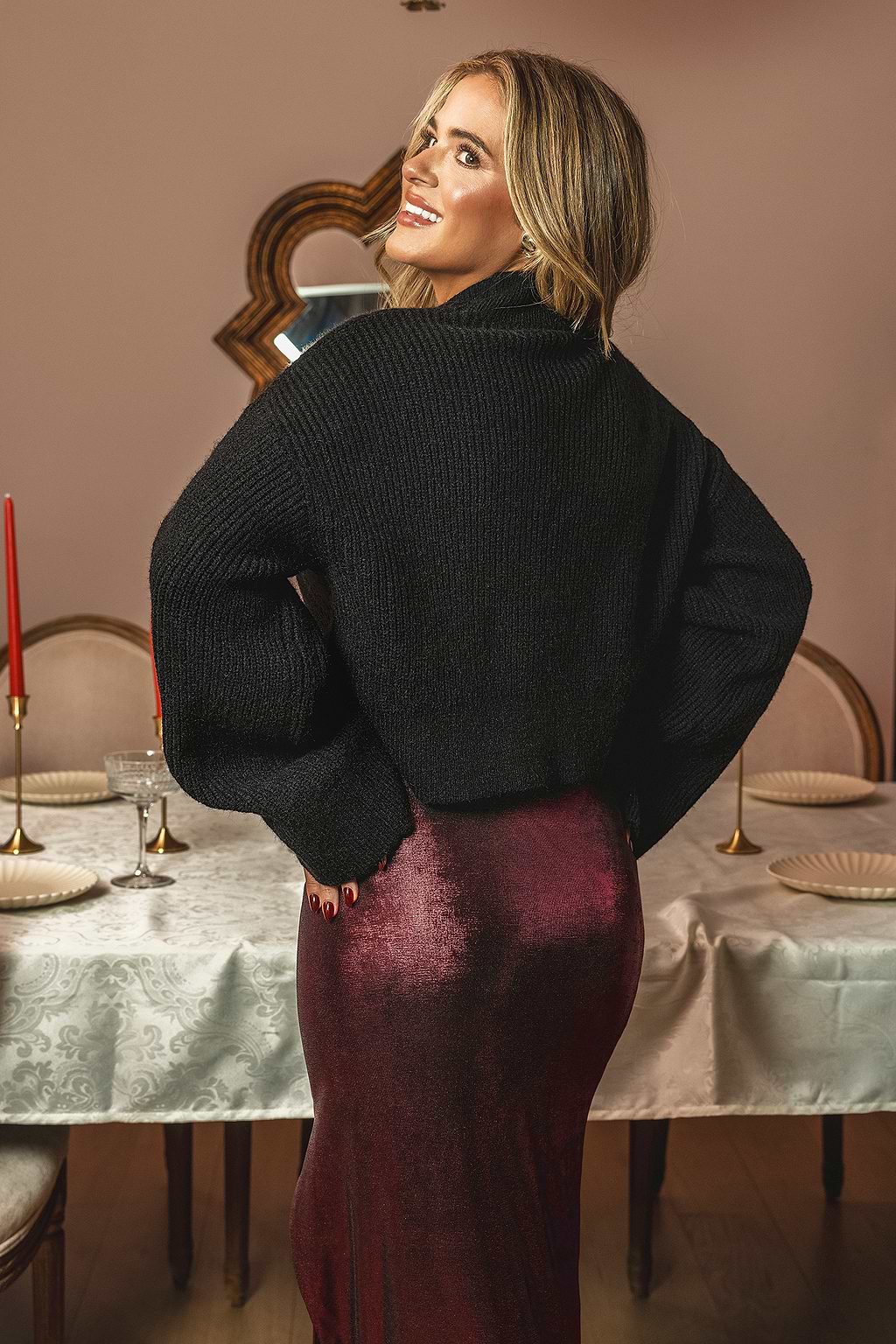 x JoJo Dark Night High Neck Extra Long Flared Sleeve Sweater