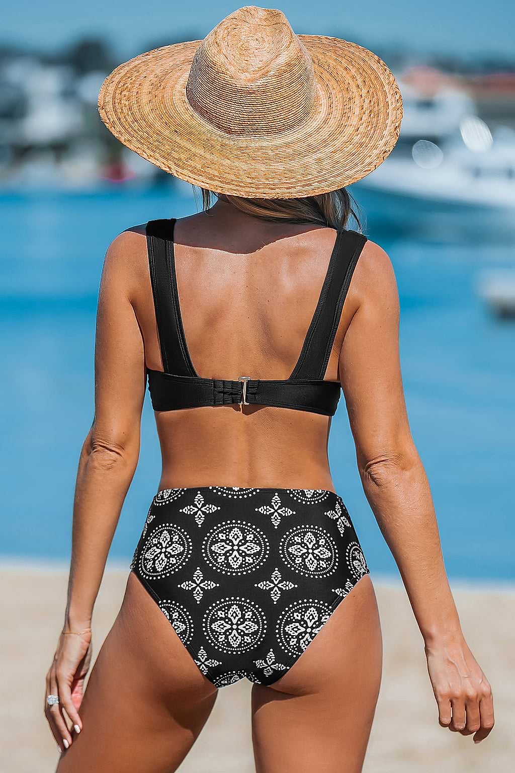 Black Cutout Bikini Top & High-Waisted Ornate Bottoms Set