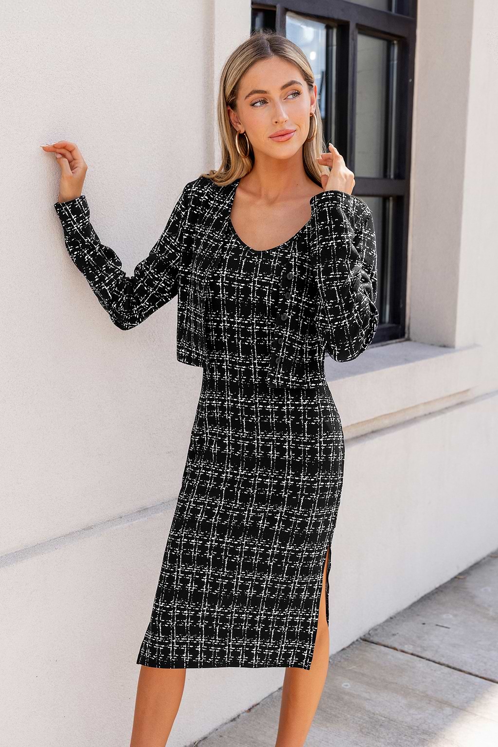 Black & White Checkered Long Sleeve Top & Midi Skirt Set