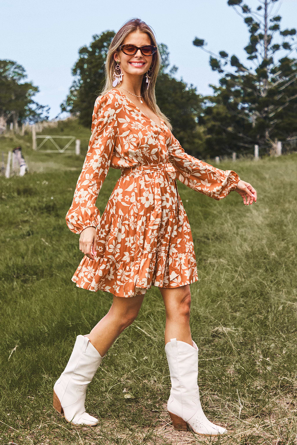 Burnt Orange Blouson Sleeve Mini Dress