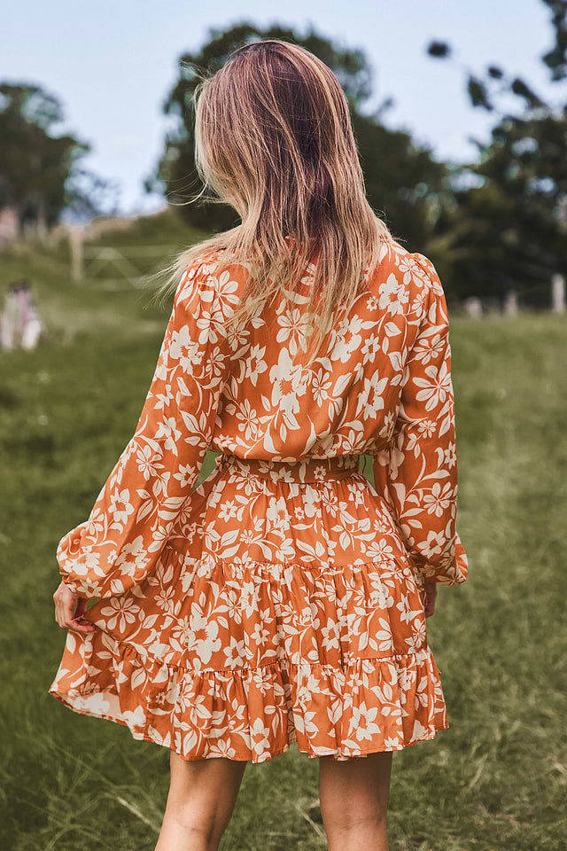 burnt orange floral louisa mini dress Orange Multi Floral Halter Mini Dress | Womens | X-Large (Available in XS, S, M, L) | 100% Polyester