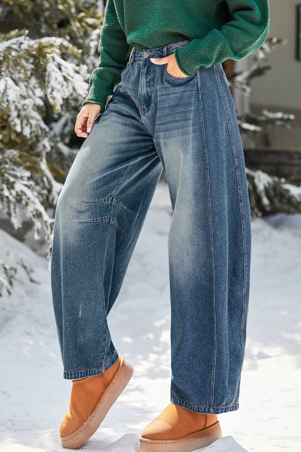 Whiskered & Faded Wide Leg Jeans