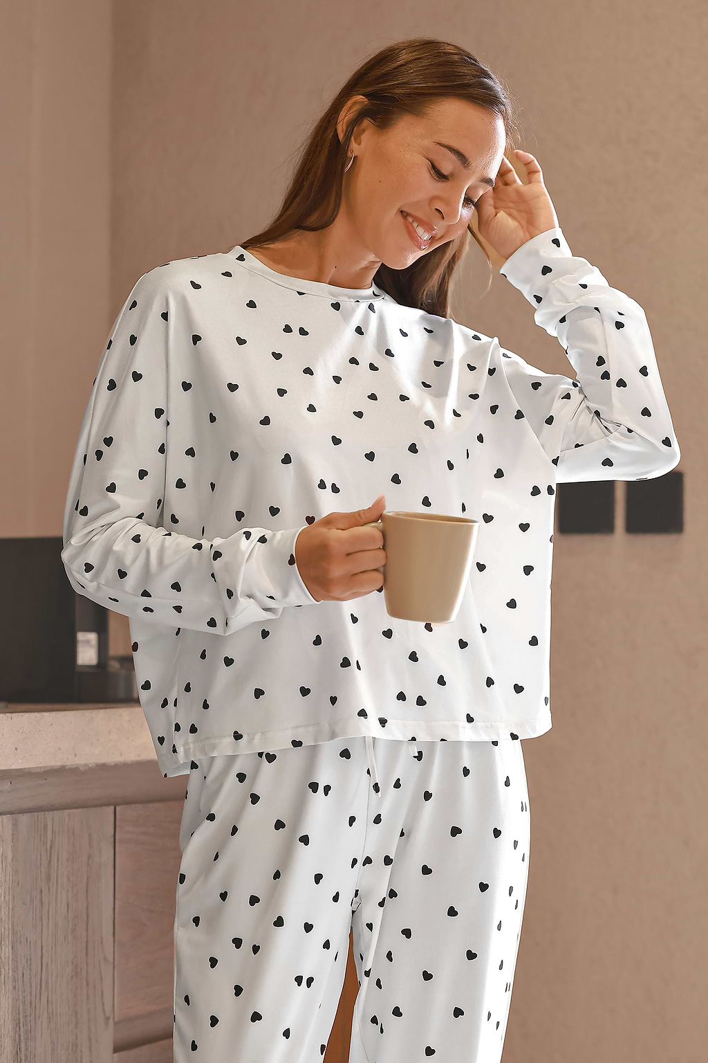 Heart Pattern Long Sleeve Tee & Pants PJ Set