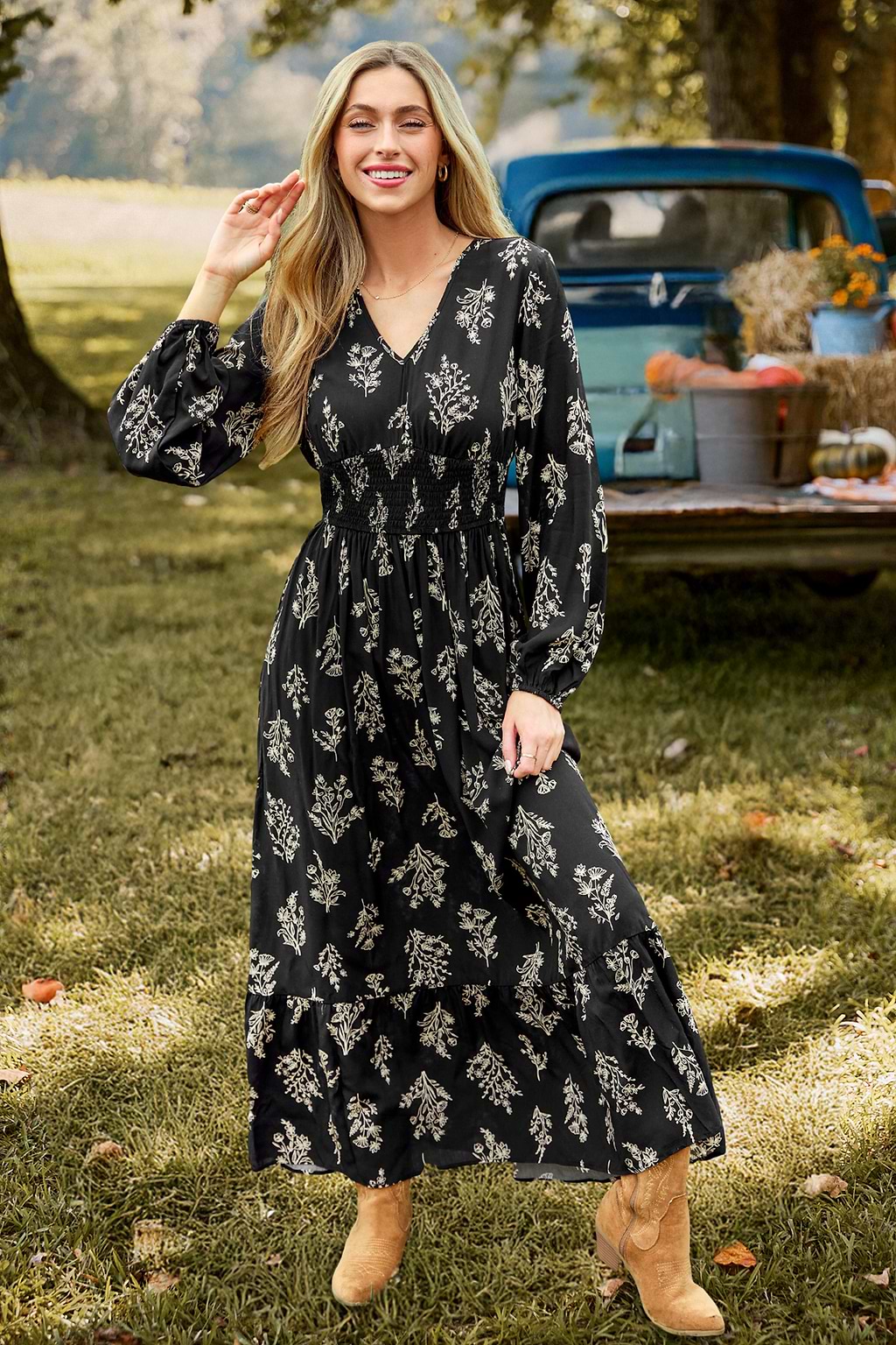 Black Floral V-Neck Puff Sleeve Maxi Dress