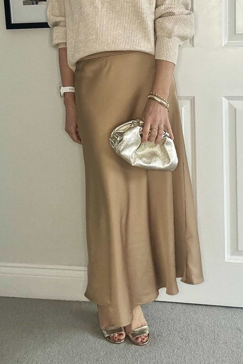 Light Brown Satin Midi Skirt