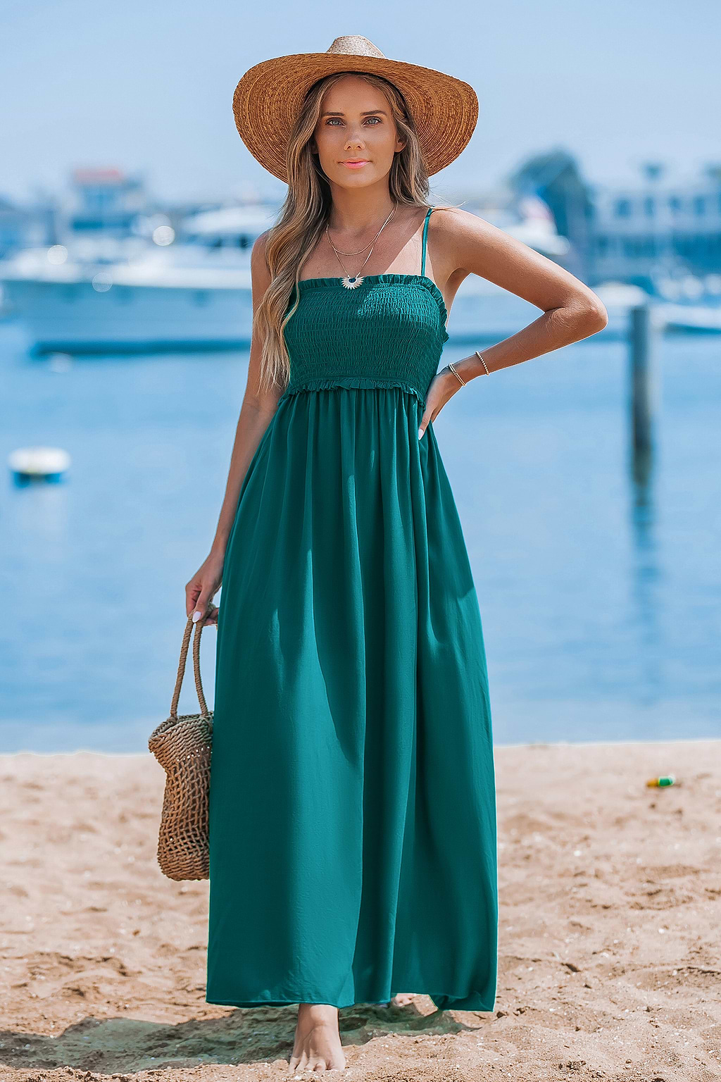Green Sleeveless Square Neck Smocked Bodice Midi Dress