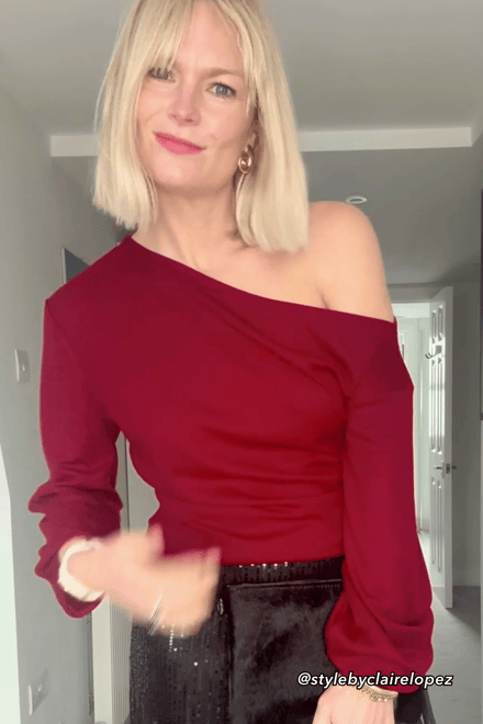 Burgundy Asymmetrical Off-Shoulder Long Sleeve Top