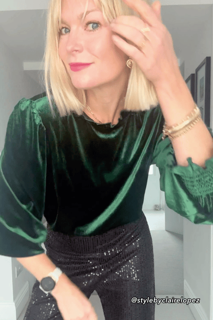 Green Velvet Mockneck Long Puff Sleeve Top