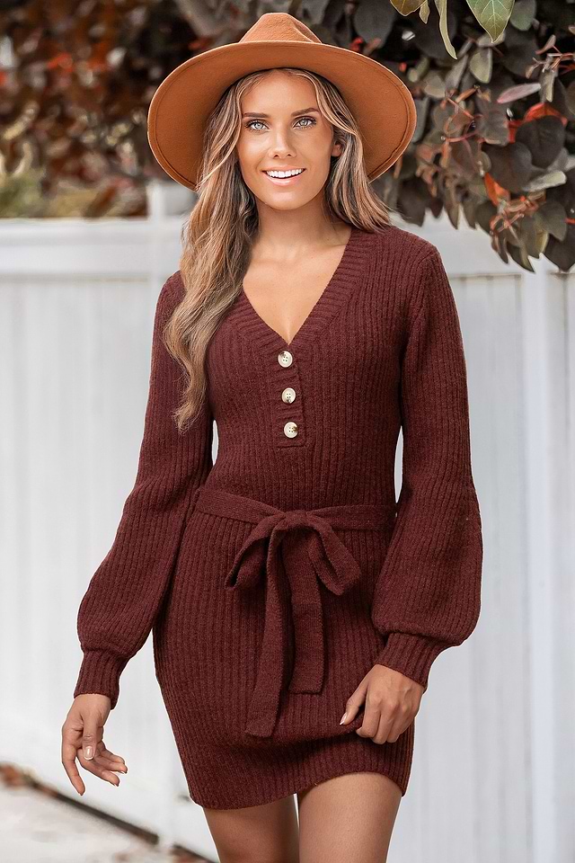 Burgundy Puff Sleeve Mini Jumper Dress