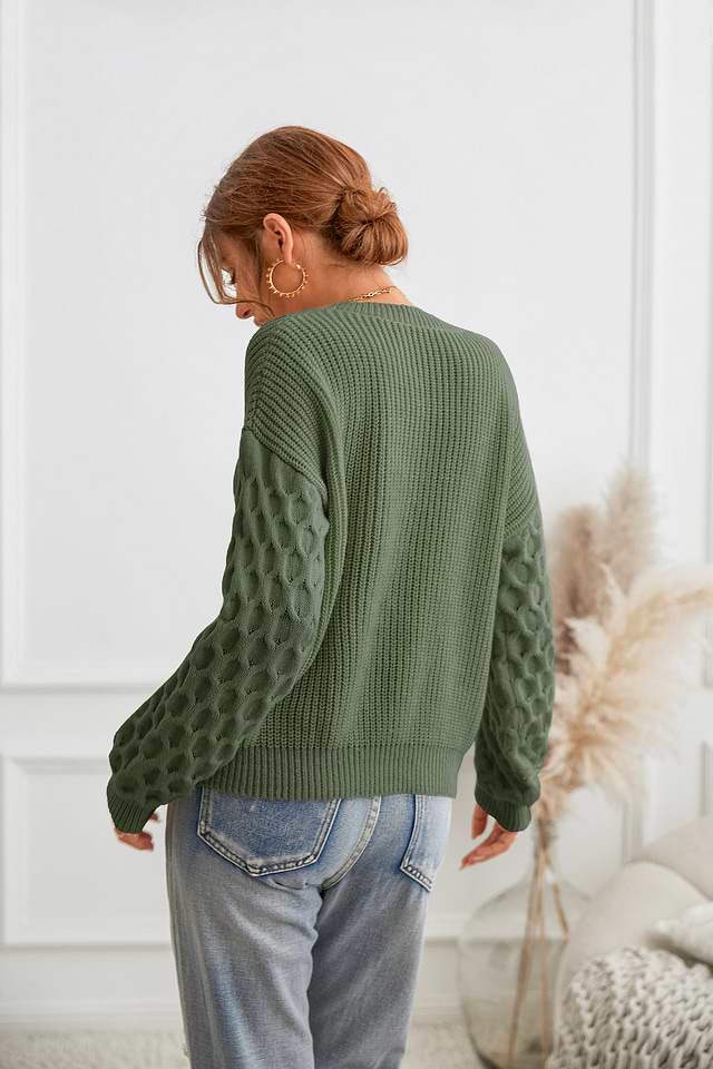 Green Honeycomb Puff Sleeve Sweater