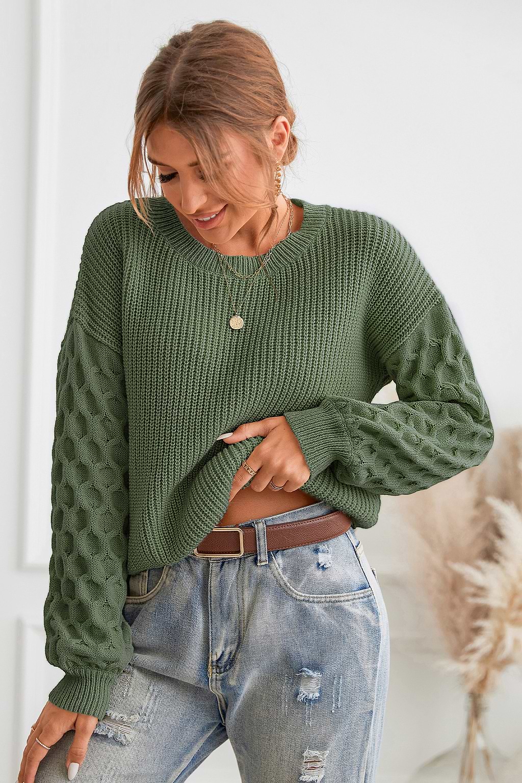 Green Honeycomb Puff Sleeve Sweater