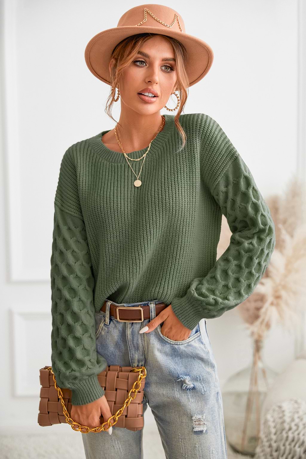 Green Honeycomb Puff Sleeve Sweater