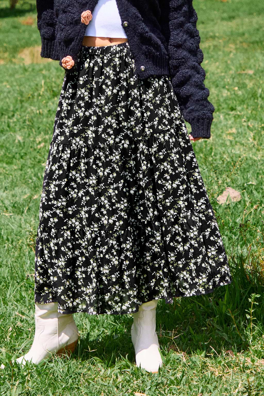 Black Ditsy Midi Skirt