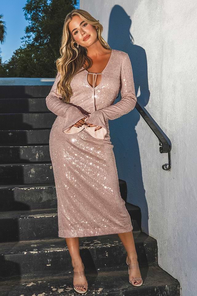 Sequin Blush Flared Sleeve Midi Dress