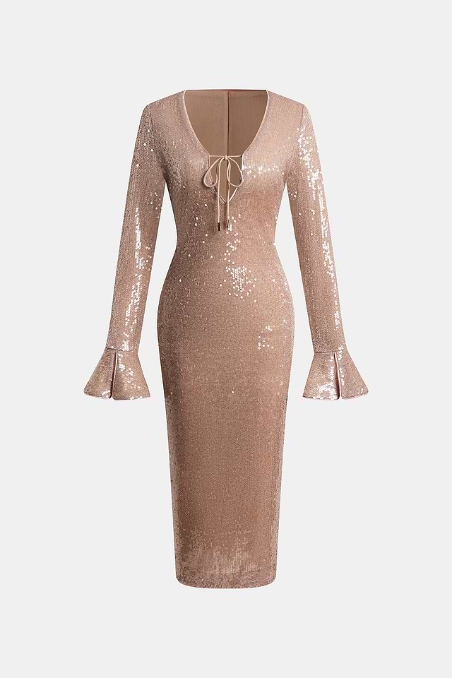 Sequin Blush Flared Sleeve Midi Dress
