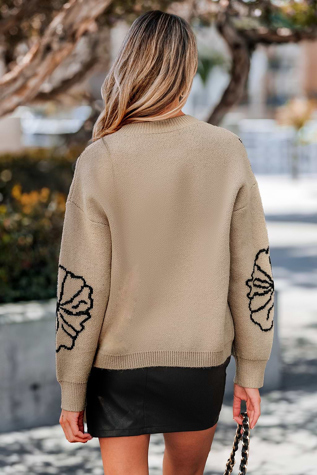 Khaki bloemen intarsia gebreide trui