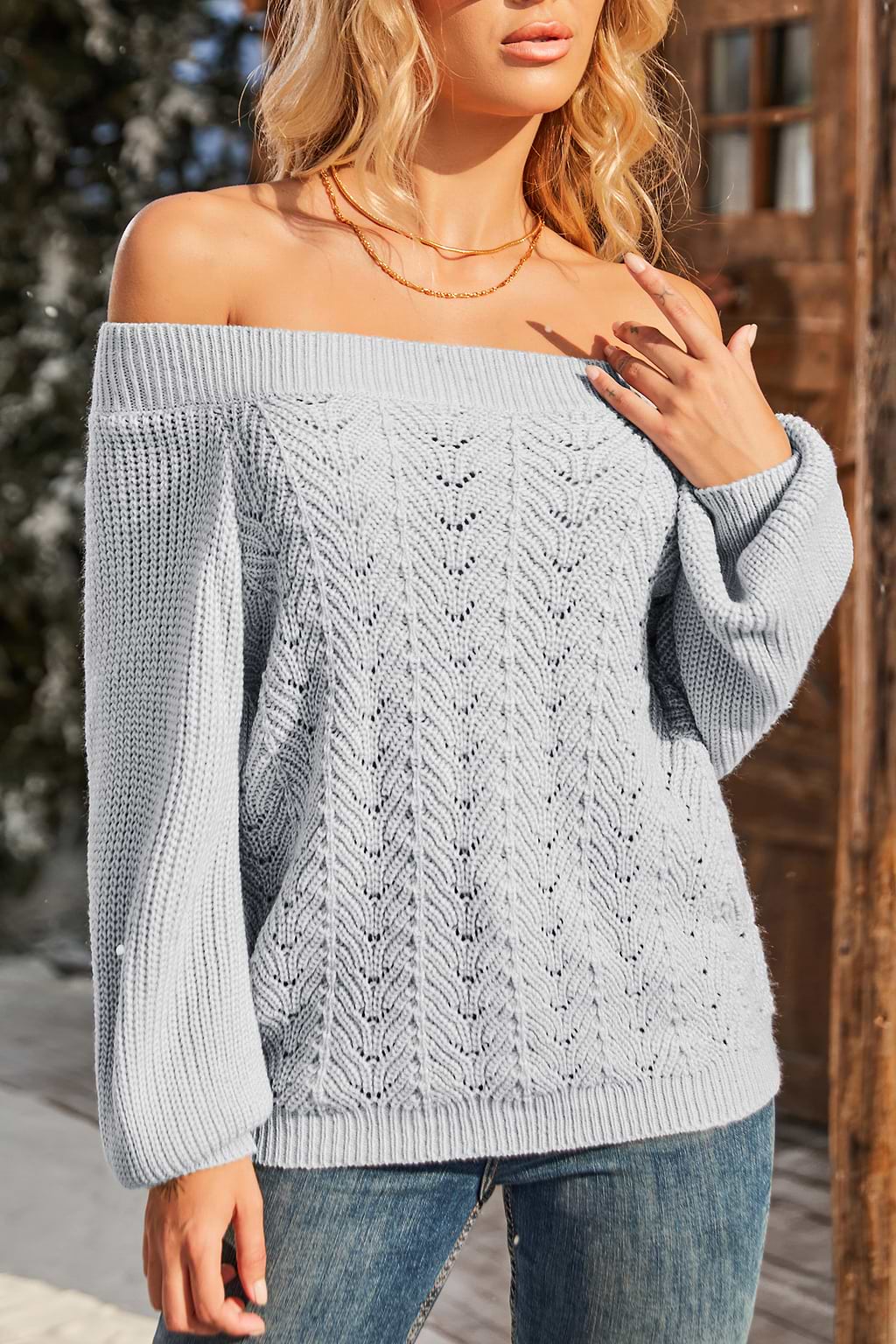 Grey Off-Shoulder Long Sleeve Sweater Top