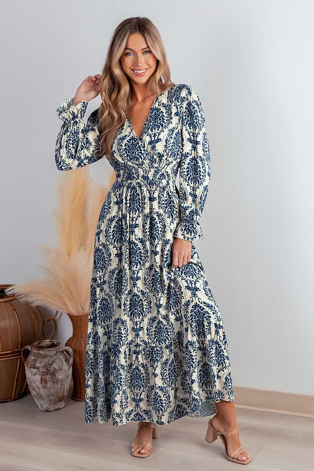 chinese dress ladies Veda Long Sleeve Floral Tiered Ruffle Maxi Dress Peach main image 0