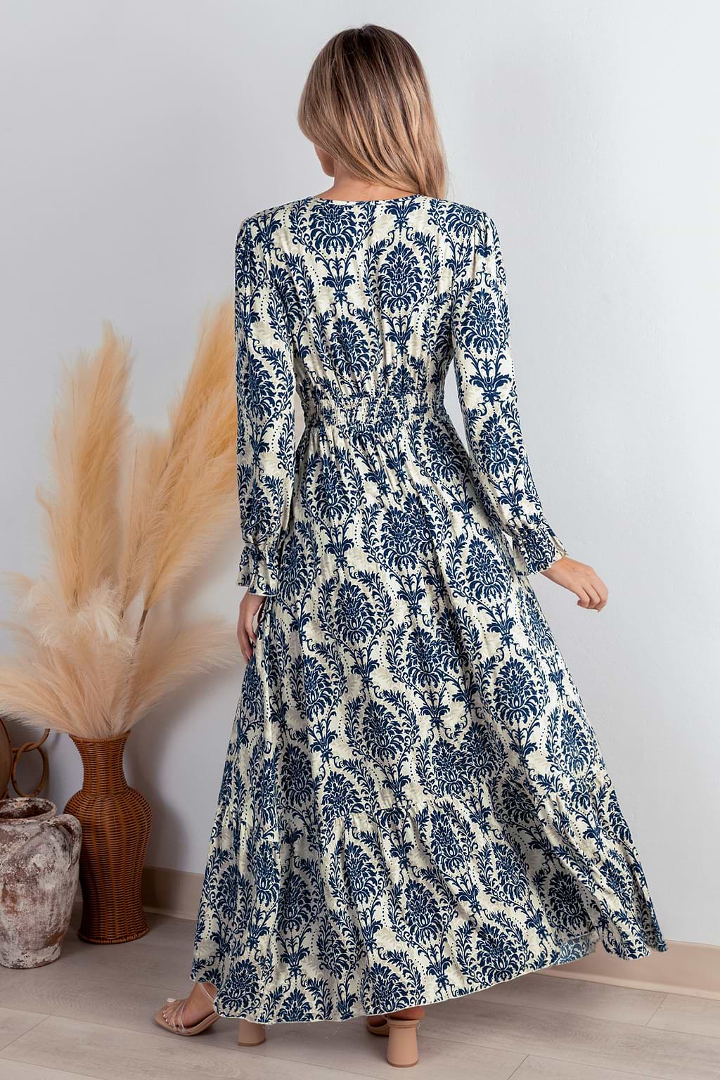 Blue Damask Blouson Sleeve Ruffle Cuff Maxi Dress