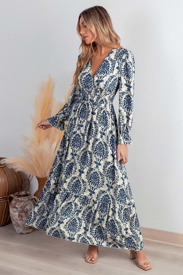 Blue Damask Blouson Sleeve Ruffle Cuff Maxi Dress