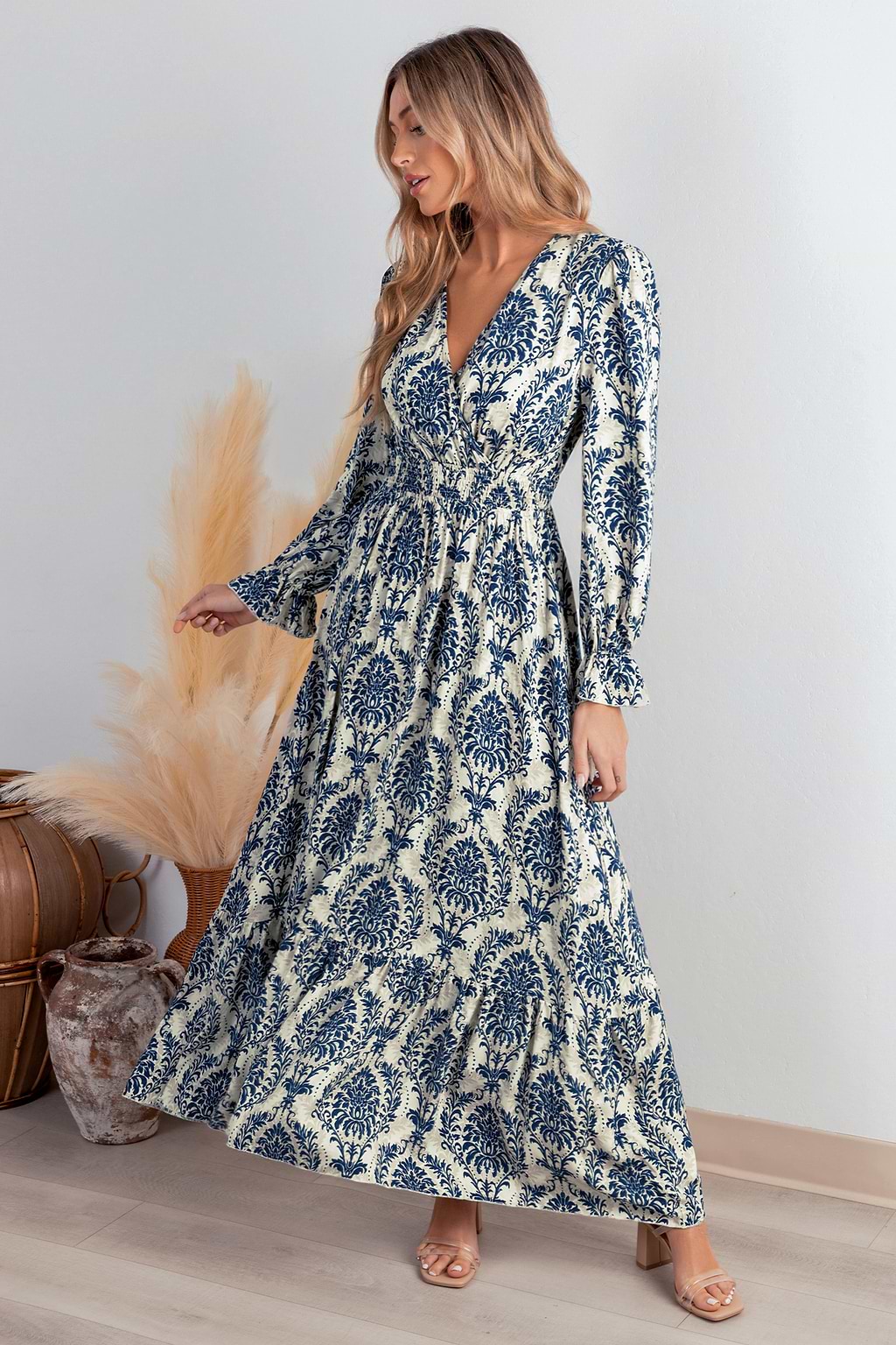 Blue Damask Blouson Sleeve Ruffle Cuff Maxi Dress