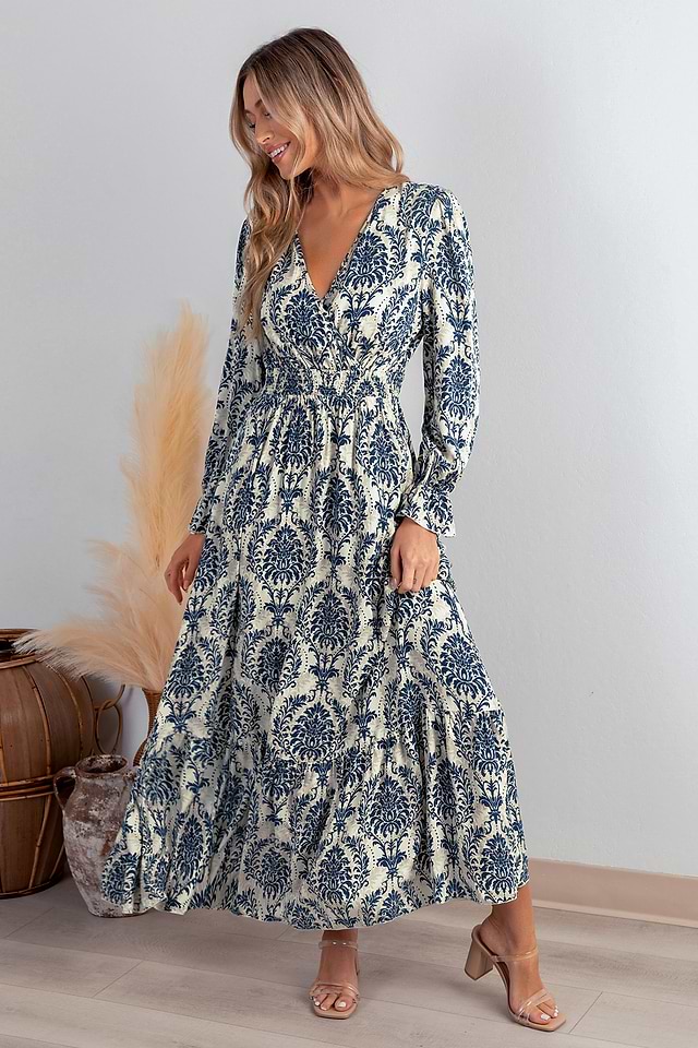 Blue Damask Blouson Sleeve Ruffle Cuff Maxi Dress