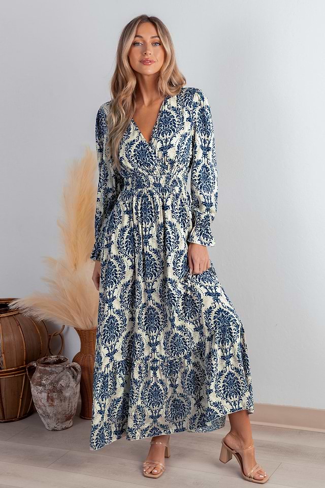 Blue Damask Blouson Sleeve Ruffle Cuff Maxi Dress