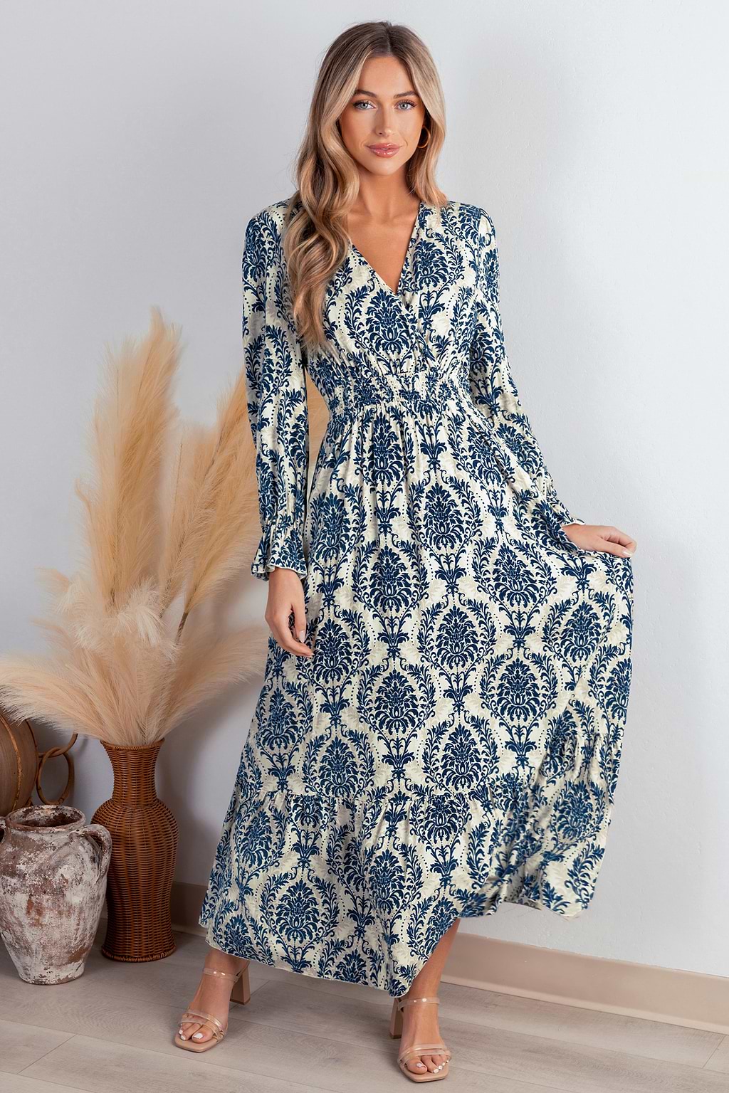 Blue Damask Blouson Sleeve Ruffle Cuff Maxi Dress