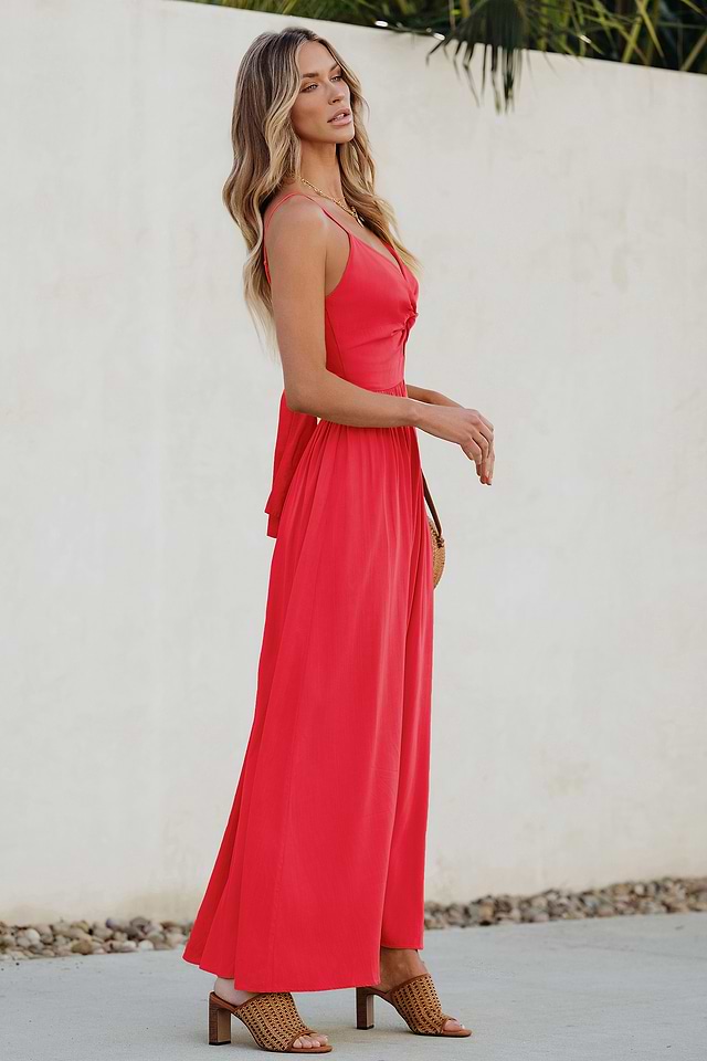 fitted lace wedding dress Daniela Red Keyhole Ruched Maxi Dress, S / Red main image 1
