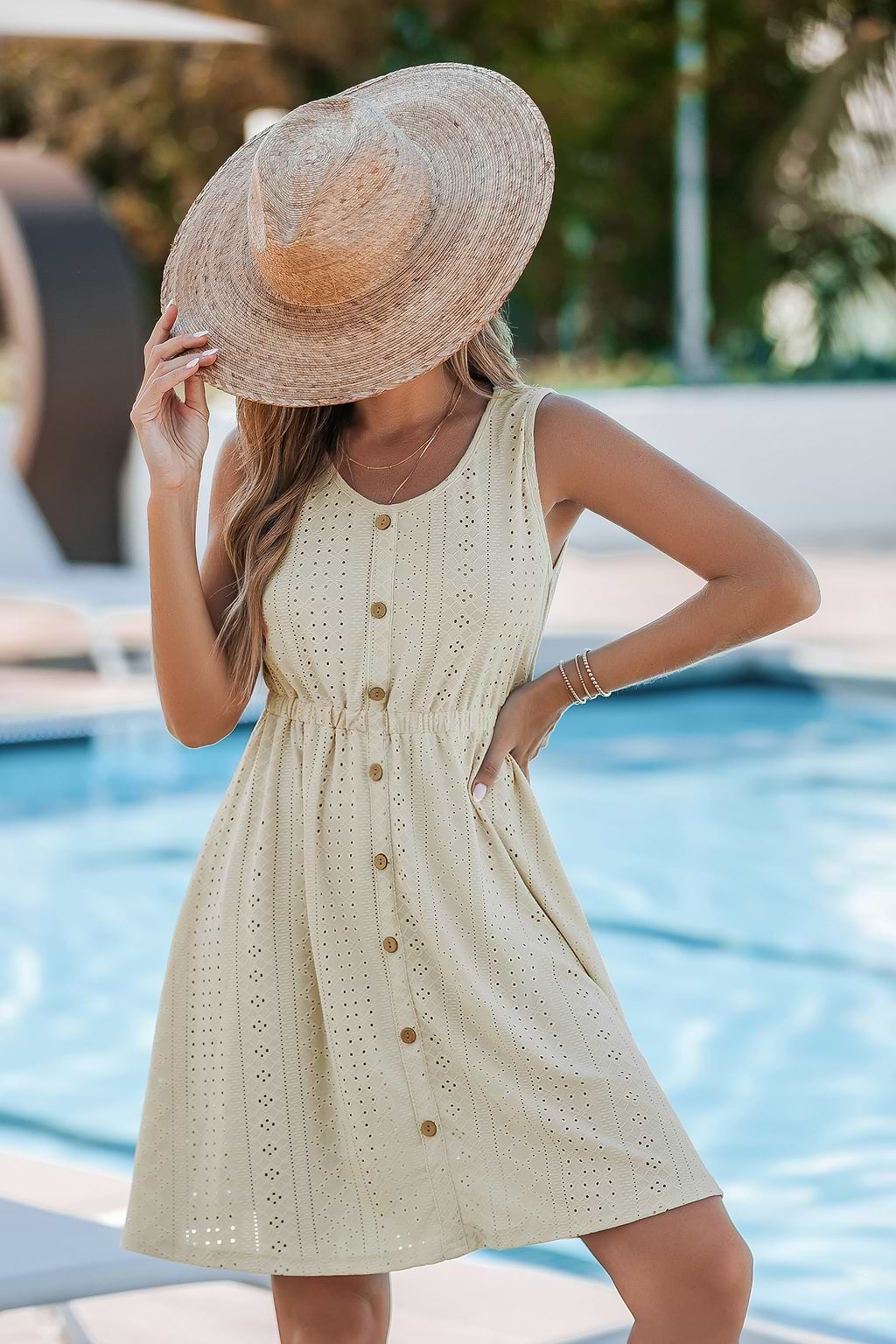 Beige Jersey Scoop Neck Sleeveless Cover-Up Mini Dress