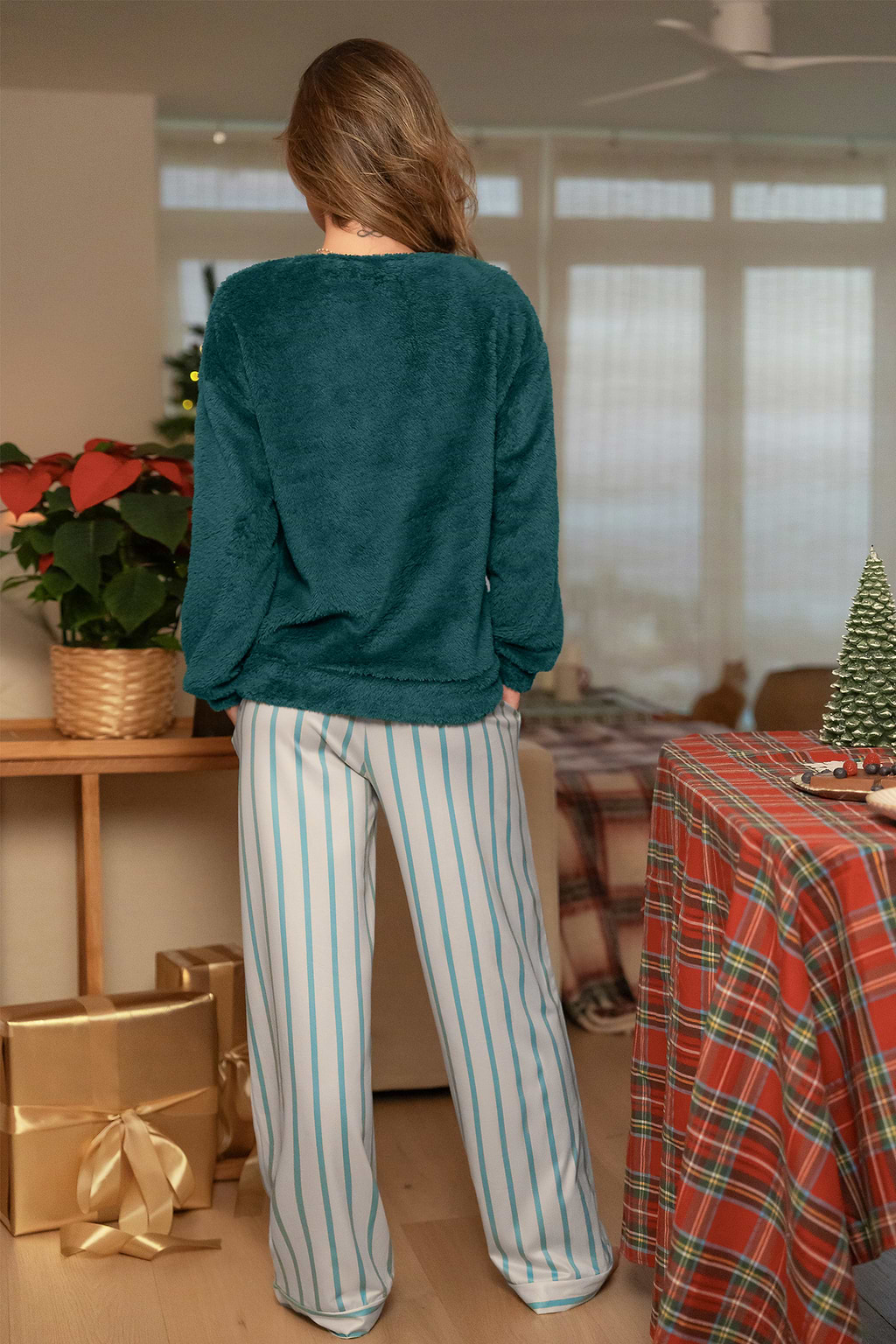 Green Fuzzy Knit Sweater & Striped Pants Pajama Set