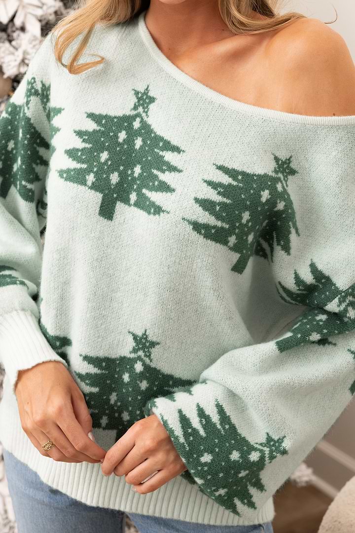 Christmas Tree Off-Shoulder Long Sleeve Sweater