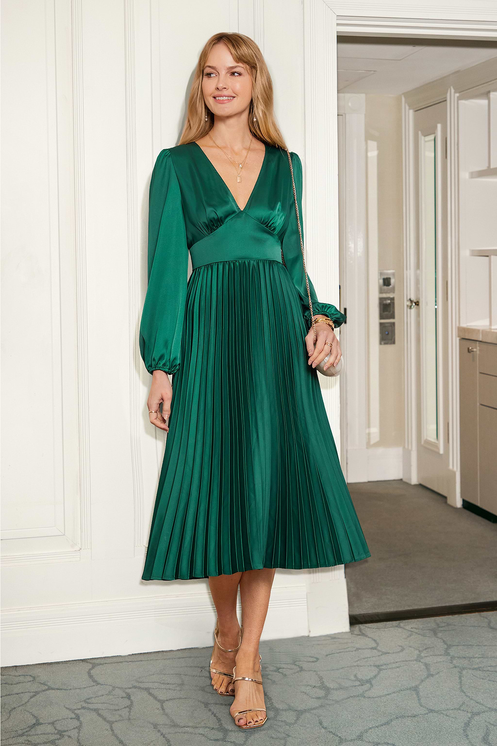 Green Satin Plunging Puff Sleeve Pleated Midi Dress