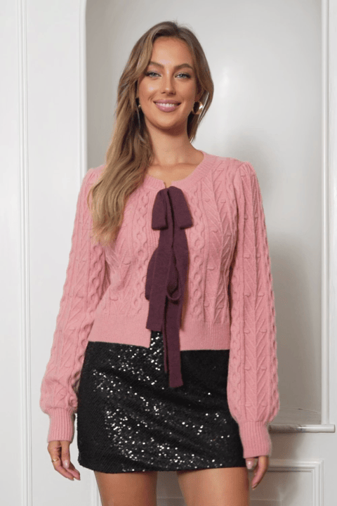 Pink Cropped Long Sleeve Cable Knit Cardigan