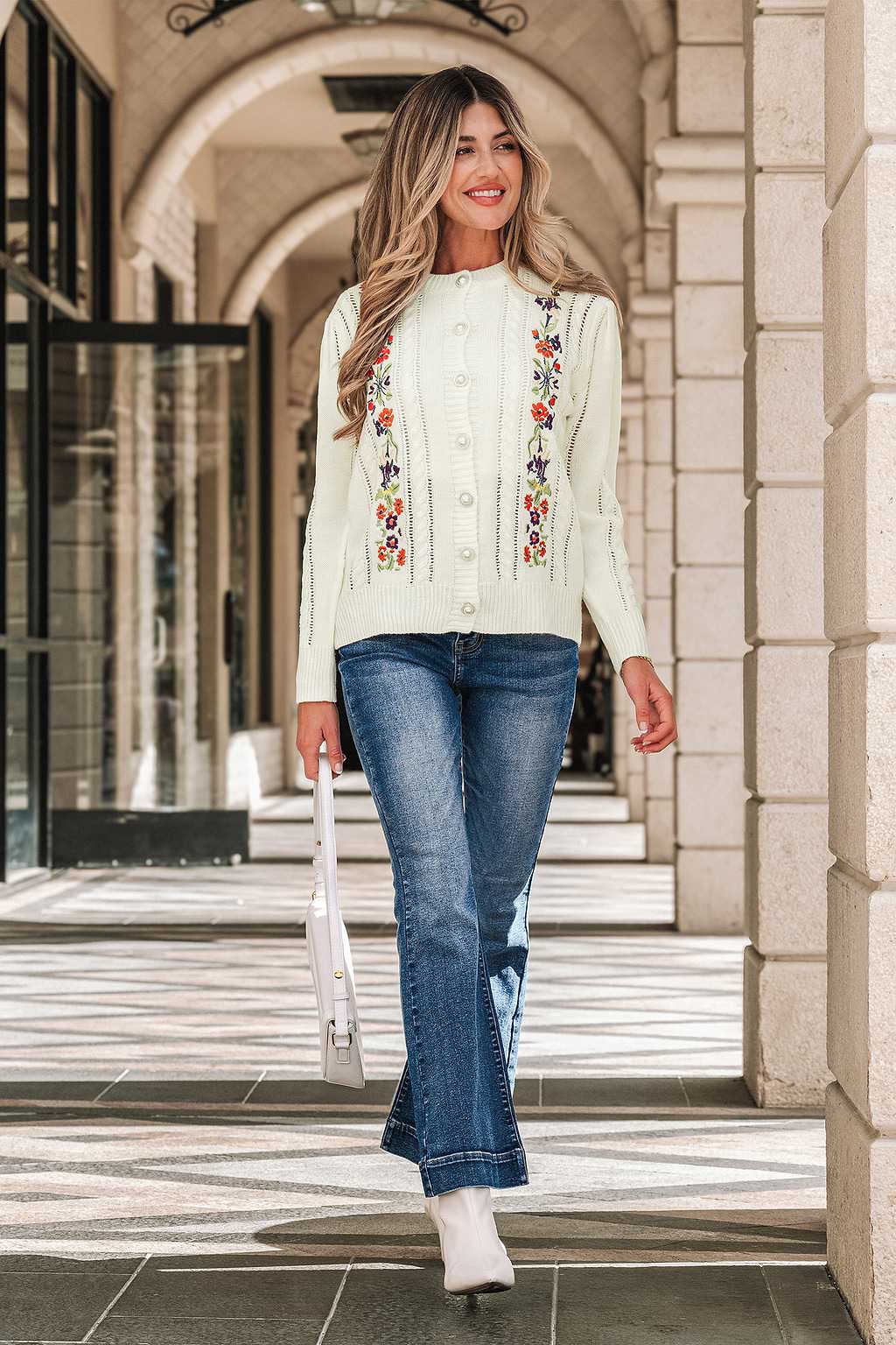 Blue Button Fly Faded Flared Leg Jeans