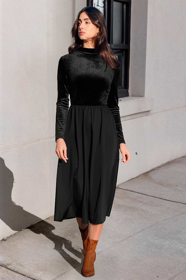 Zwarte lange mouwen fluwelen top gerimpelde rok midi-jurk
