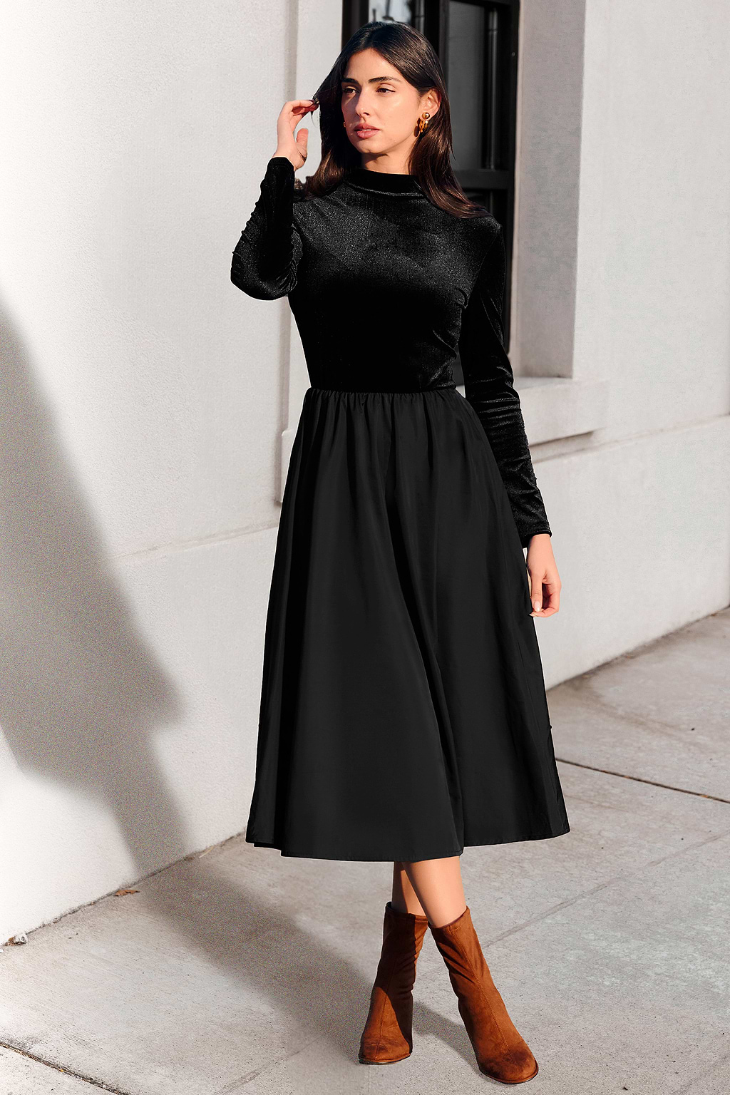 Black Long Sleeve Velvet Top Ruched Skirt Midi Dress