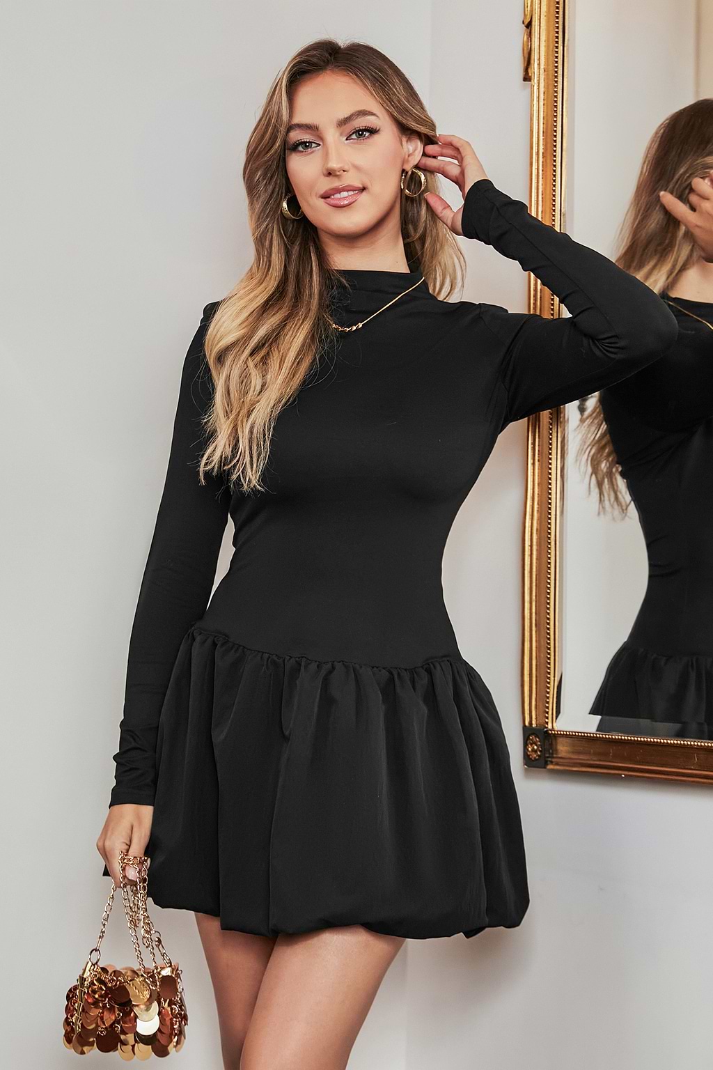 Black Mockneck Long Sleeve Bubble Skirt Mini Dress