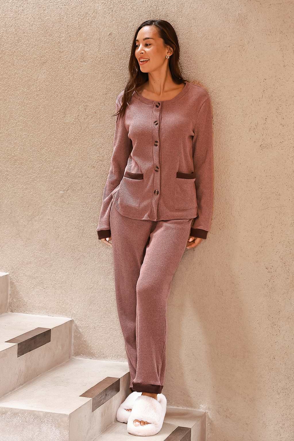 Red Ribbed Button-Up Top & Pants Pajama Set