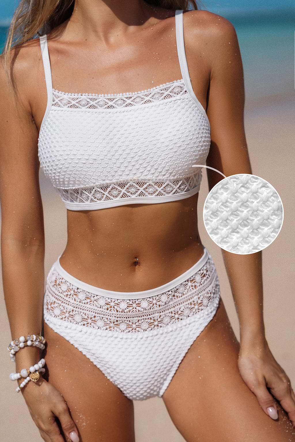 Textured White Square Neck Bikini Top & High-Waisted Bottoms Set