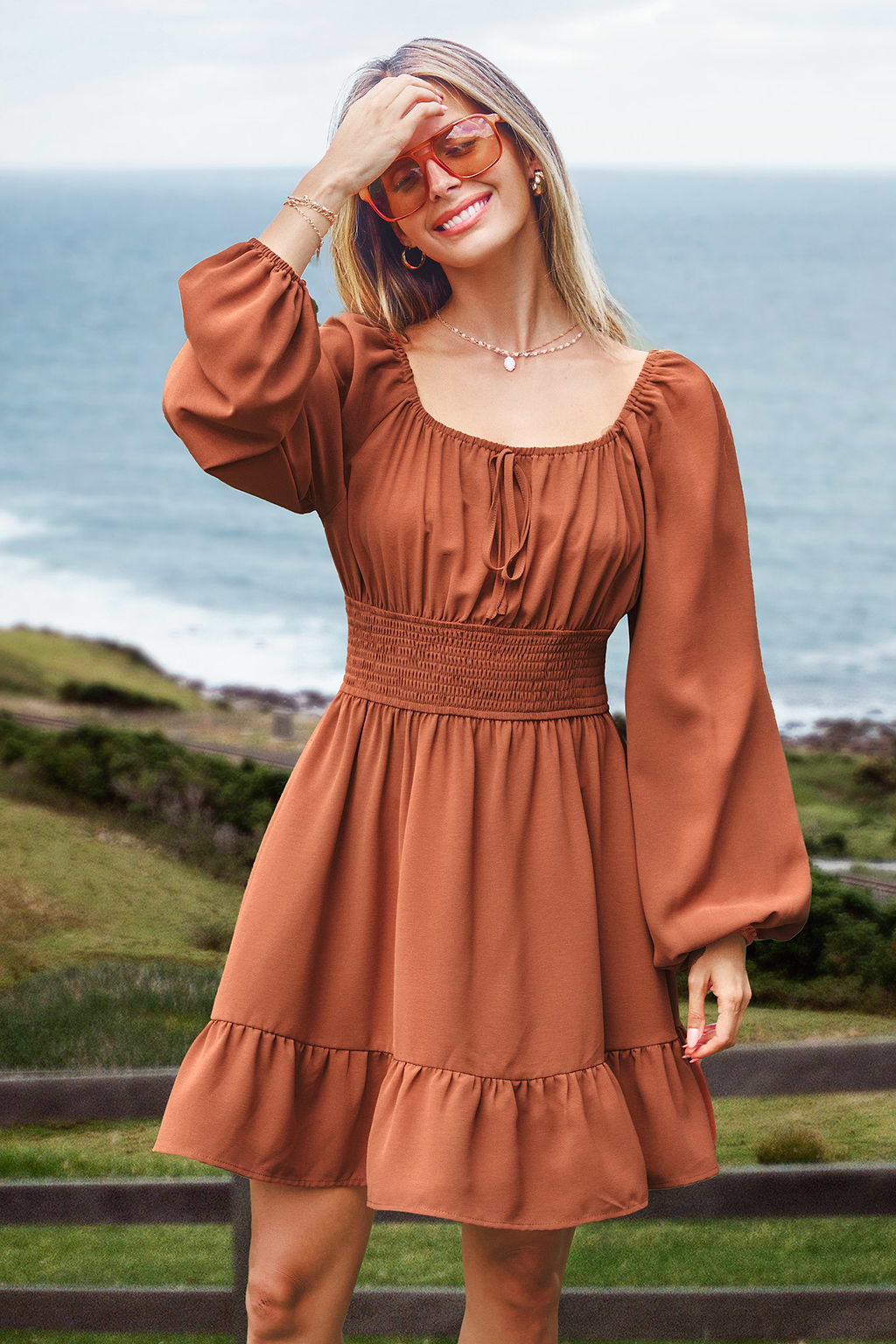 Square Neck Blouson Sleeve Mini Dress