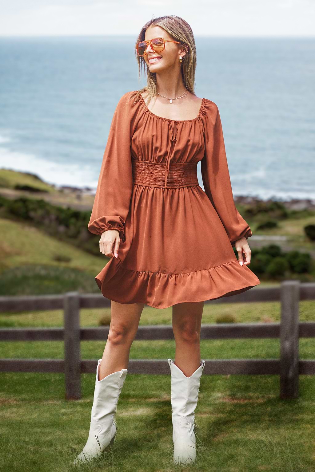 Square Neck Blouson Sleeve Mini Dress